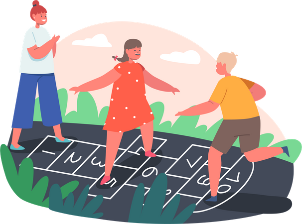 Friends playing Hopscotch Game  Illustration