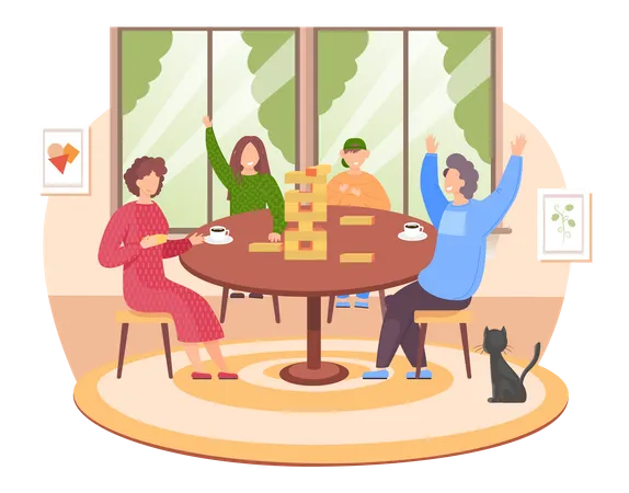 Friends playing jenga at home together Illustration