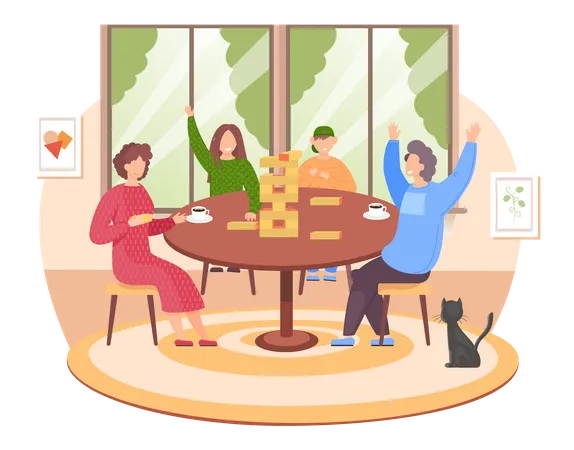 Friends playing jenga at home together  Illustration