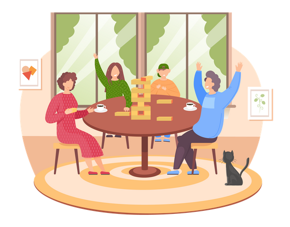 Friends playing jenga at home together  Illustration