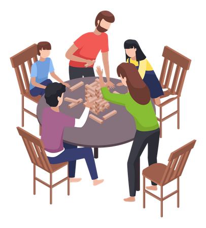 Friends playing jenga while spending quality time together  Illustration