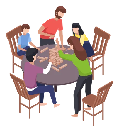 Friends playing jenga while spending quality time together  Illustration