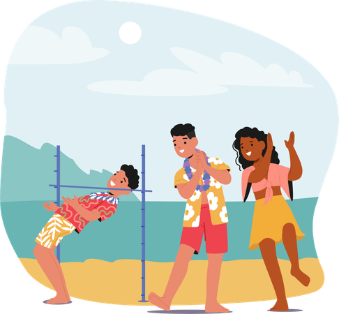 Friends Playing Limbo on Beach  Illustration