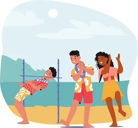 Friends Playing Limbo on Beach  Illustration