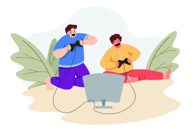 Friends playing video game on friendship day Illustration