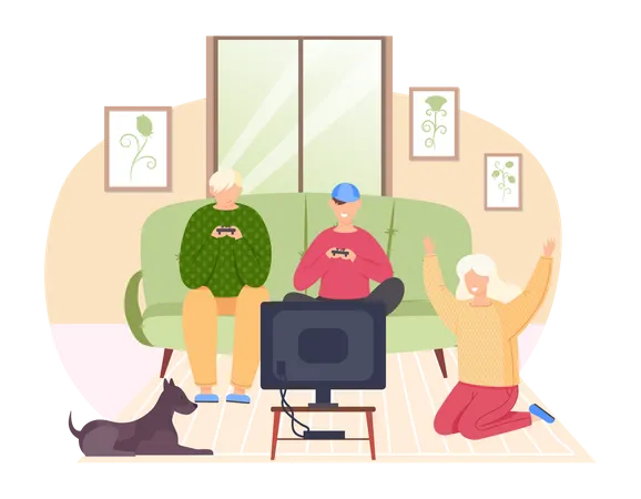 Friends playing video games with gamepad  Illustration