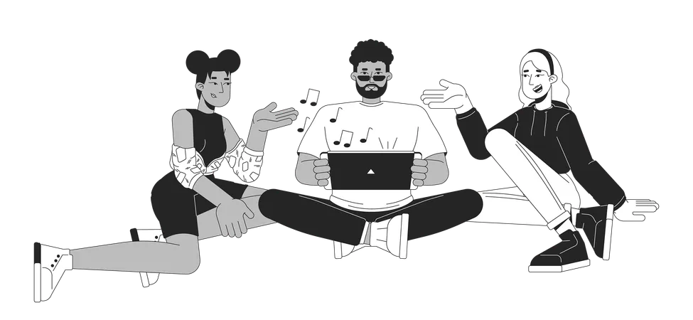 Friends Playing Videogame Together Black And White 2 D Line Cartoon Characters Multicultural Young Adults Isolated Vector Outline People Black Guy With Console Monochromatic Flat Spot Illustration Illustration