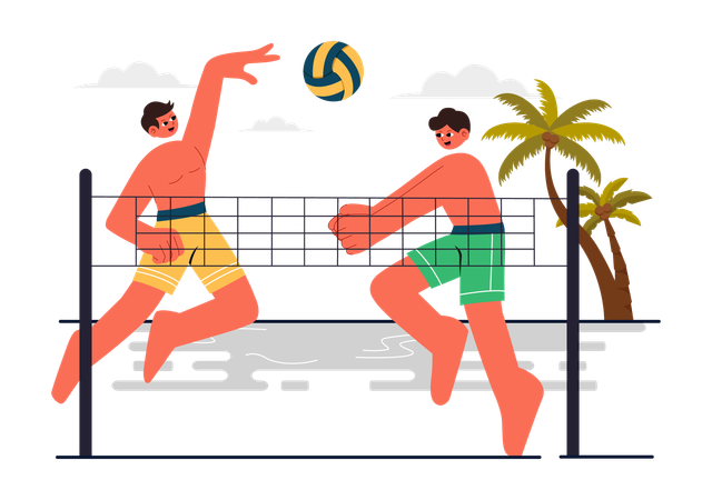 Friends Playing Volleyball at Beach  Illustration