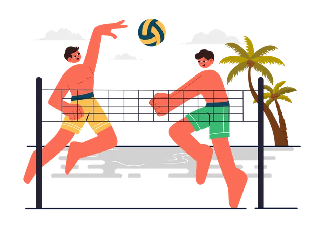 Friends Playing Volleyball at Beach  Illustration