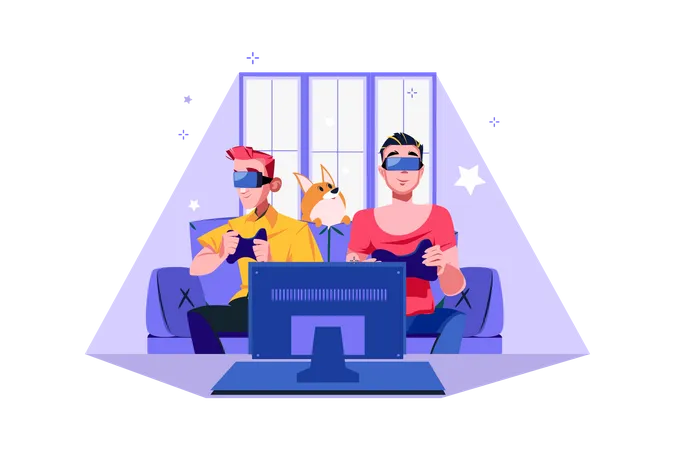 Friends playing VR video games Illustration