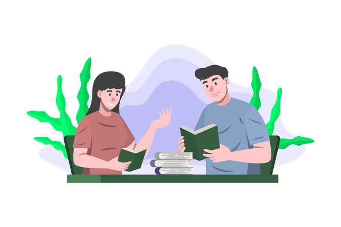 Friends reading book in library Illustration