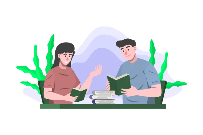 Friends reading book in library Illustration