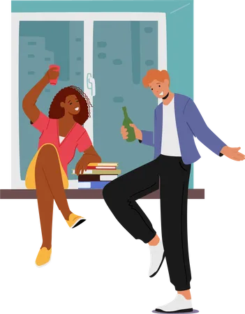 Friends Relaxation Home Party Recreation Friends Meeting Corporate Young Woman And Man Clink Glasses With Alcohol Drink Have Fun Celebrate Event Cartoon People Vector Illustration Illustration