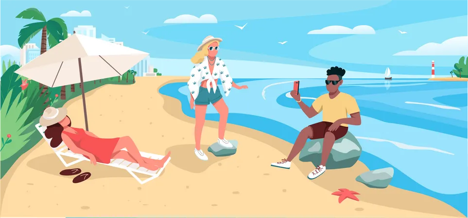 Friends relaxing at sandy beach Illustration