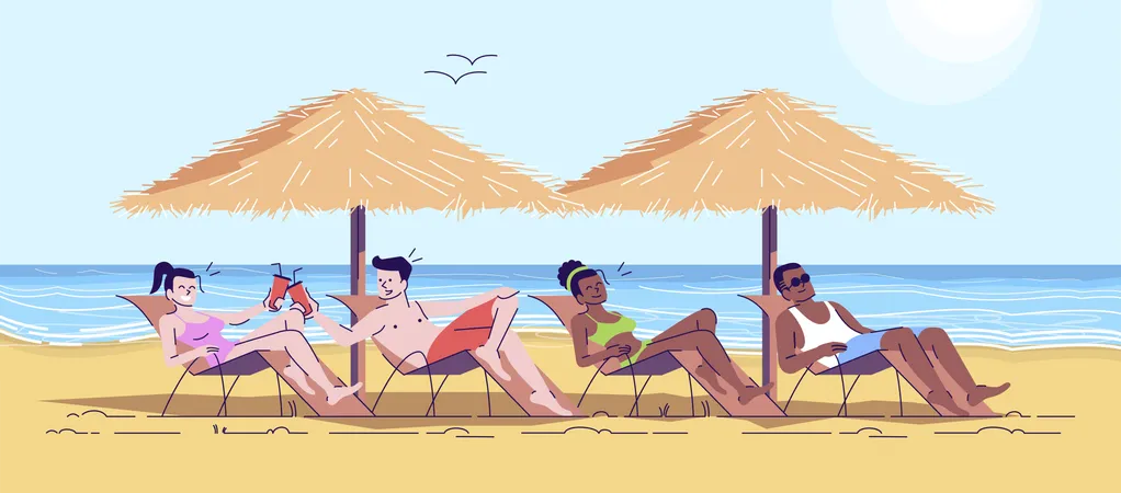 People On Beach Flat Doodle Illustration Friends On Loungers Having Drinks At Seaside Exotic Country Summer Vacation Indonesia Tourism 2 D Cartoon Character With Outline For Commercial Use Illustration