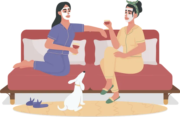 Girls Drinking Wine On Comfy Couch Semi Flat Color Vector Characters Full Body People On White Facial Masks With Bestie Isolated Modern Cartoon Style Illustration For Graphic Design And Animation Illustration