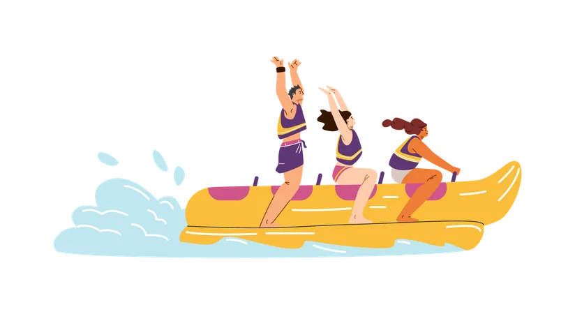 Friends ride on an inflatable banana boat  Illustration