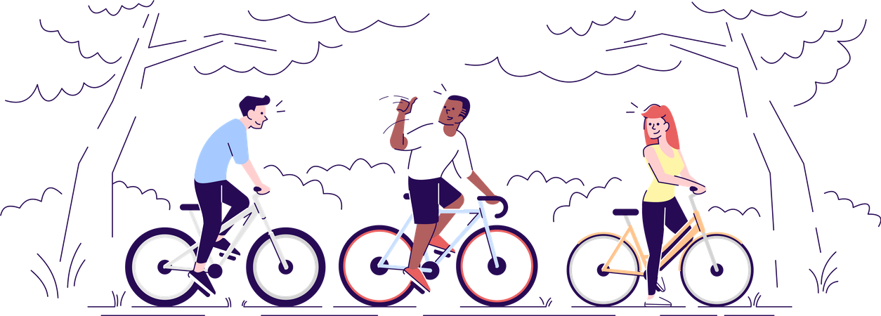 Friends riding bikes in park Illustration