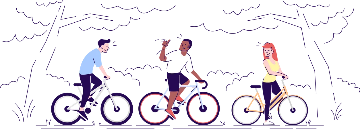Friends riding bikes in park Illustration