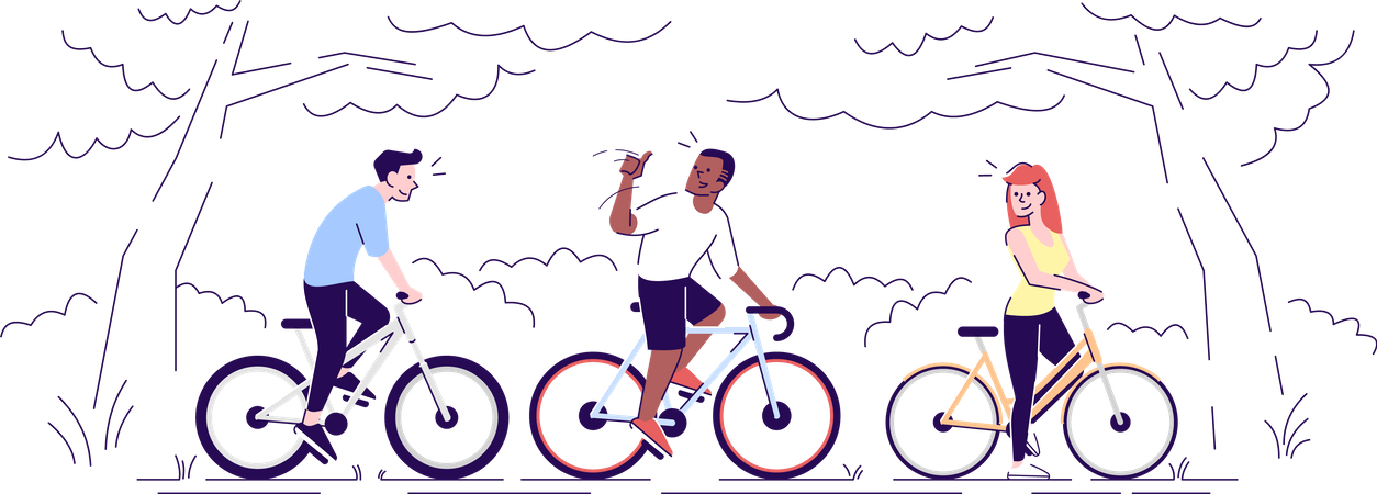 Friends riding bikes in park  Illustration