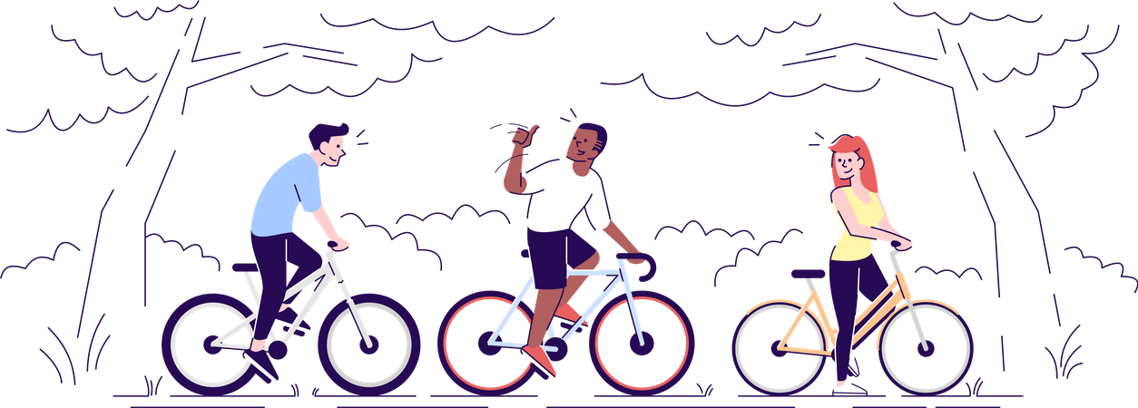 Friends riding bikes in park  Illustration