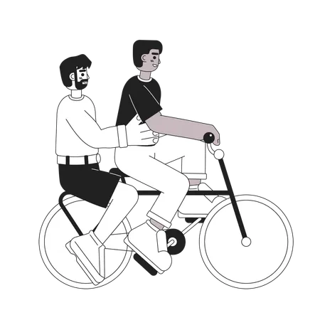 Friends Riding On Bike Monochromatic Flat Vector Characters Bicycle For Two People Outdoor Activity Editable Thin Line Full Body People On White Simple Bw Cartoon Spot Image For Web Graphic Design Illustration