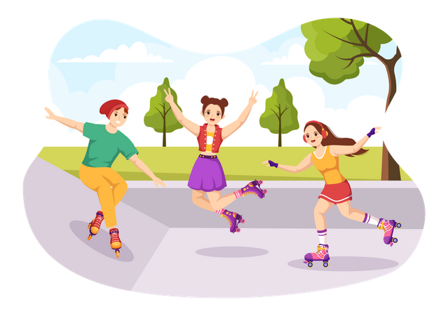 Friends Riding Roller Skates  Illustration