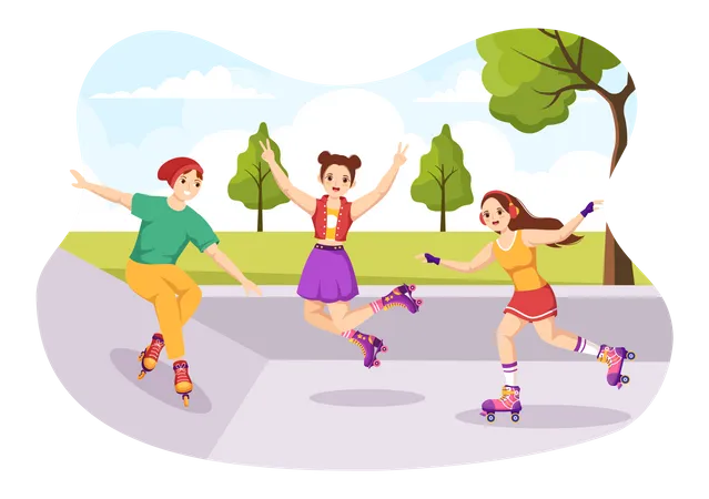 Friends Riding Roller Skates  Illustration