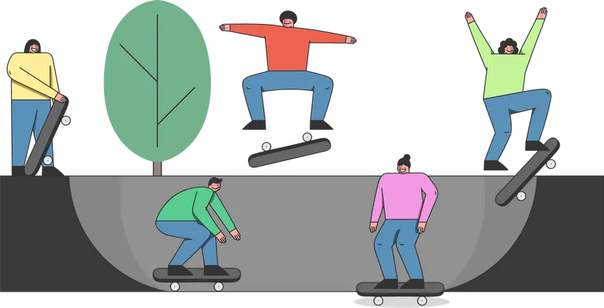 Concept Of Skateboard Riding Bundle Of Teenagers Skateboarders Are Riding Skateboard Skateboarding People Are Making Stunts On Board In Skatepark Cartoon Outline Linear Flat Vector Illustration Illustration