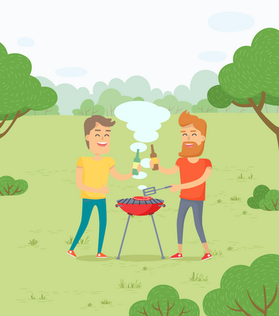 Friends Roasting Meat BBQ in Forest Park Weekends  Illustration