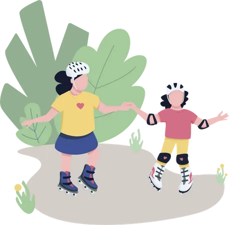 Friends Roller Skating In Park Flat Color Vector Faceless Characters Children Training Rollerblading Skills In Fresh Air Isolated Cartoon Illustration For Web Graphic Design And Animation Illustration