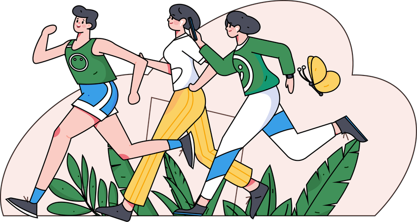 Friends running in park  Illustration