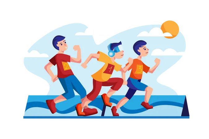 Friends running race by wearing VR headset Illustration