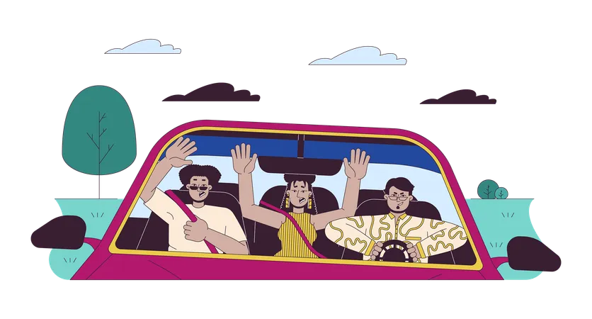 Friends Scared By Aggressive Driving Line Cartoon Flat Illustration Multiracial Group In Vehicle 2 D Lineart Characters Isolated On White Background Dangerous Situation Scene Vector Color Image 일러스트레이션