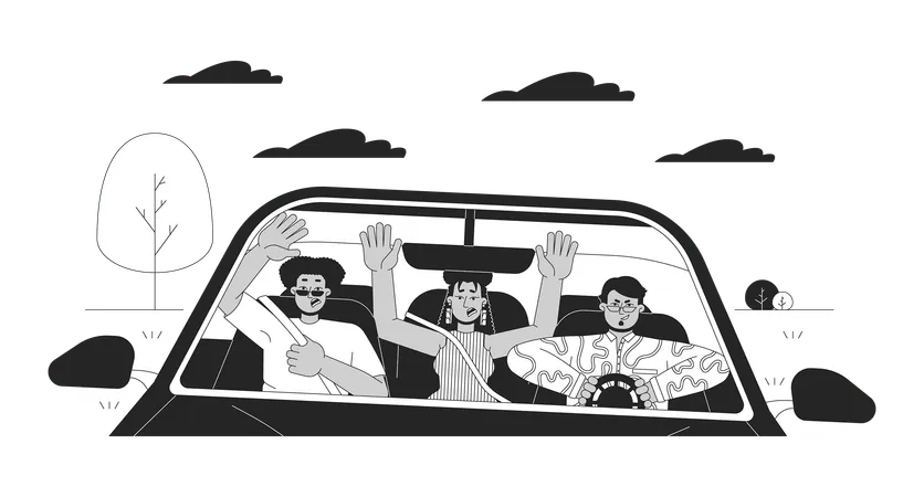 Friends Scared By Aggressive Driving Black And White Cartoon Flat Illustration Multiracial Group In Vehicle 2 D Lineart Characters Isolated Dangerous Situation Monochrome Scene Vector Outline Image Illustration