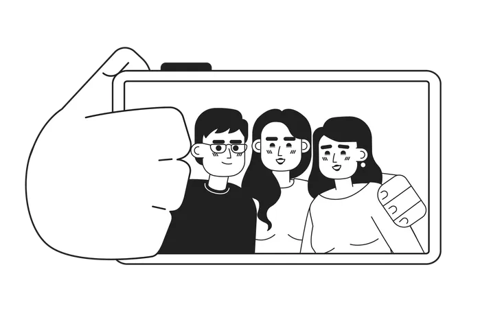 Friends Selfie Monochromatic Flat Vector Characters Taking Picture On Smartphone Moments With Mates Editable Thin Line Full Body People On White Simple Bw Cartoon Spot Image For Web Graphic Design Illustration