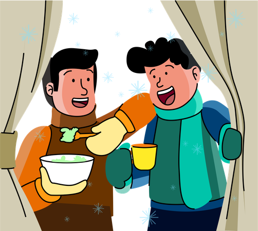 Friends share a warm bowl of soup in a snowy setting, enjoying the comfort of hot food and good company in the chill of winter  イラスト