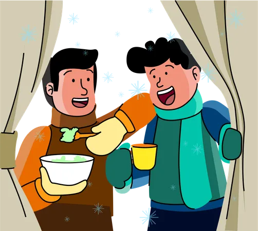 Friends share a warm bowl of soup in a snowy setting, enjoying the comfort of hot food and good company in the chill of winter  일러스트레이션