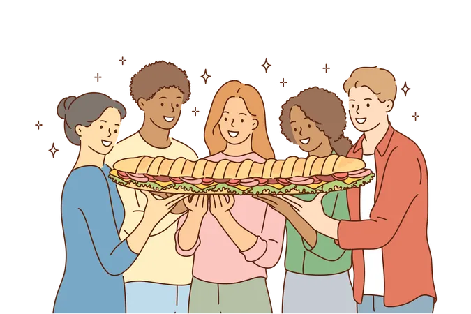 Food Friendship Togetherness Happiness Hunger Concept Group Of Young International Multiethnic Friends African American Women Men Sharing Large Sandwich Together Meal For Breakfast Lunch Dinner Illustration