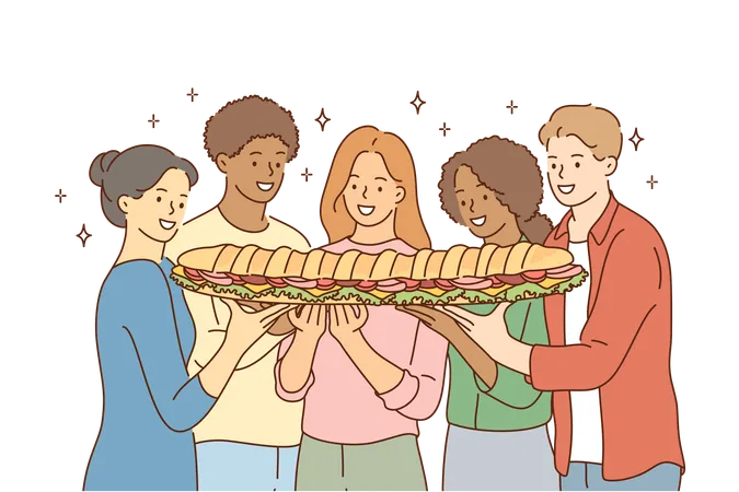 Friends sharing large sandwich  Illustration