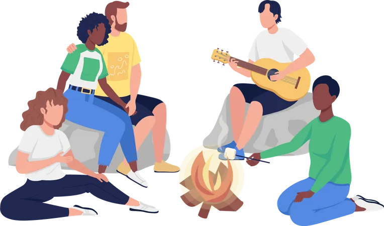 Friends sitting around campfire  Illustration