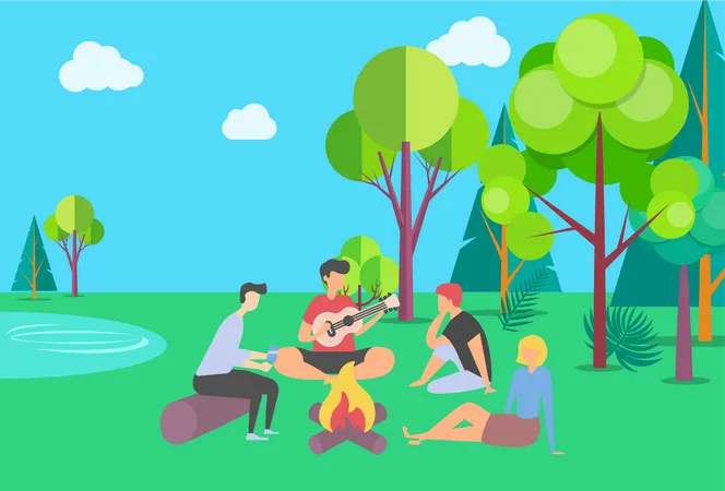 Friends sitting near campfire  Illustration