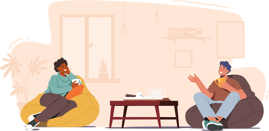 Friends sitting on beanbag and having a conversation  Illustration