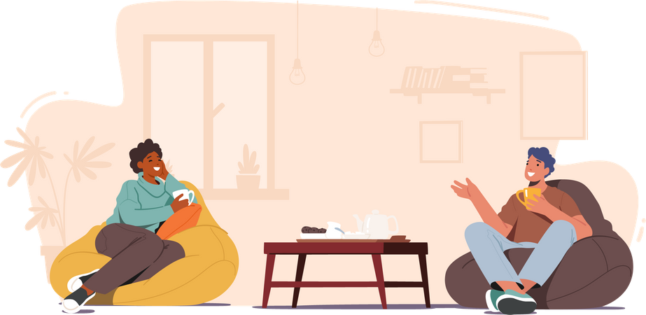 Friends sitting on beanbag and having a conversation  Illustration