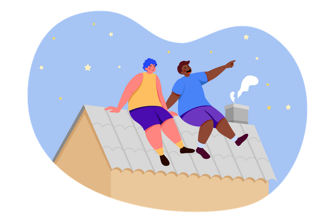 Friends sitting on home roof Illustration