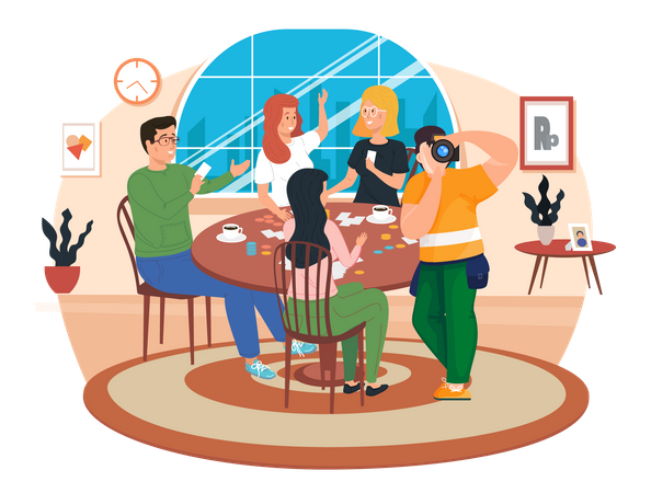 Friends spend time with board games  일러스트레이션