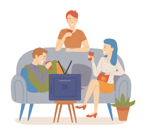 Friends spending time together while having drinks and watching television Illustration