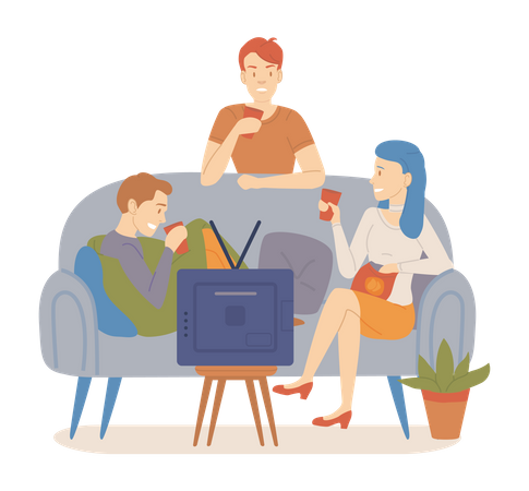 Friends spending time together while having drinks and watching television  Illustration