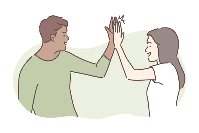 Friendship Success Concept Illustration Of International Friendship Informal Greeting And Communication In Cartoon Style Young Woman Or Girl Gives High Five To Man Or Boy Friend Simple Vector Illustration