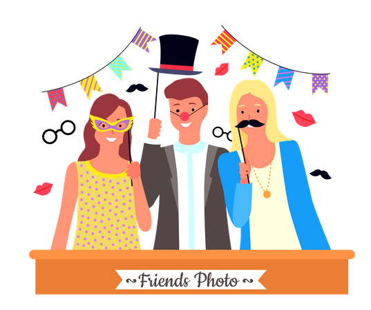 Friends taking photos with party probs Illustration